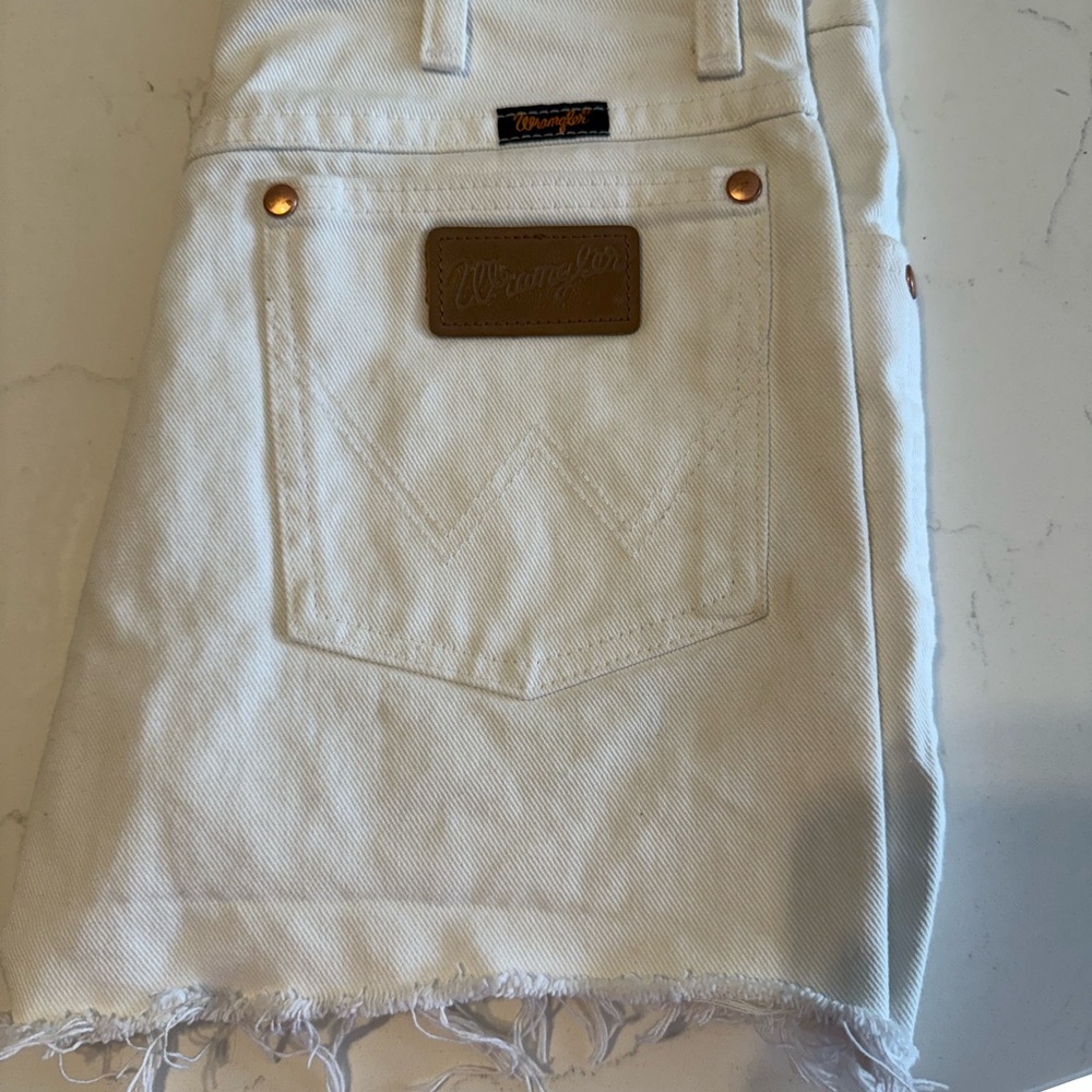 Wrangler White Denim Jean Shorts with Frayed Hem